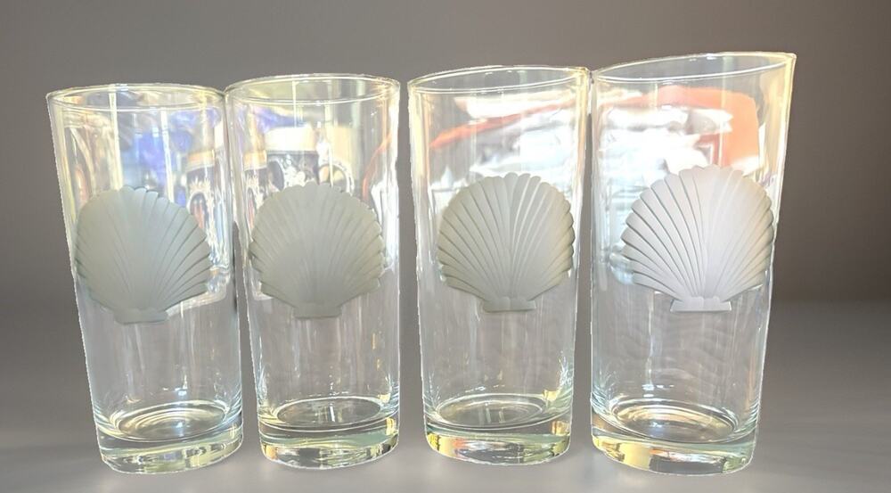 Scallop Shell Etched Ice Tea Highball Pint Glasses - Set of 4 EUC